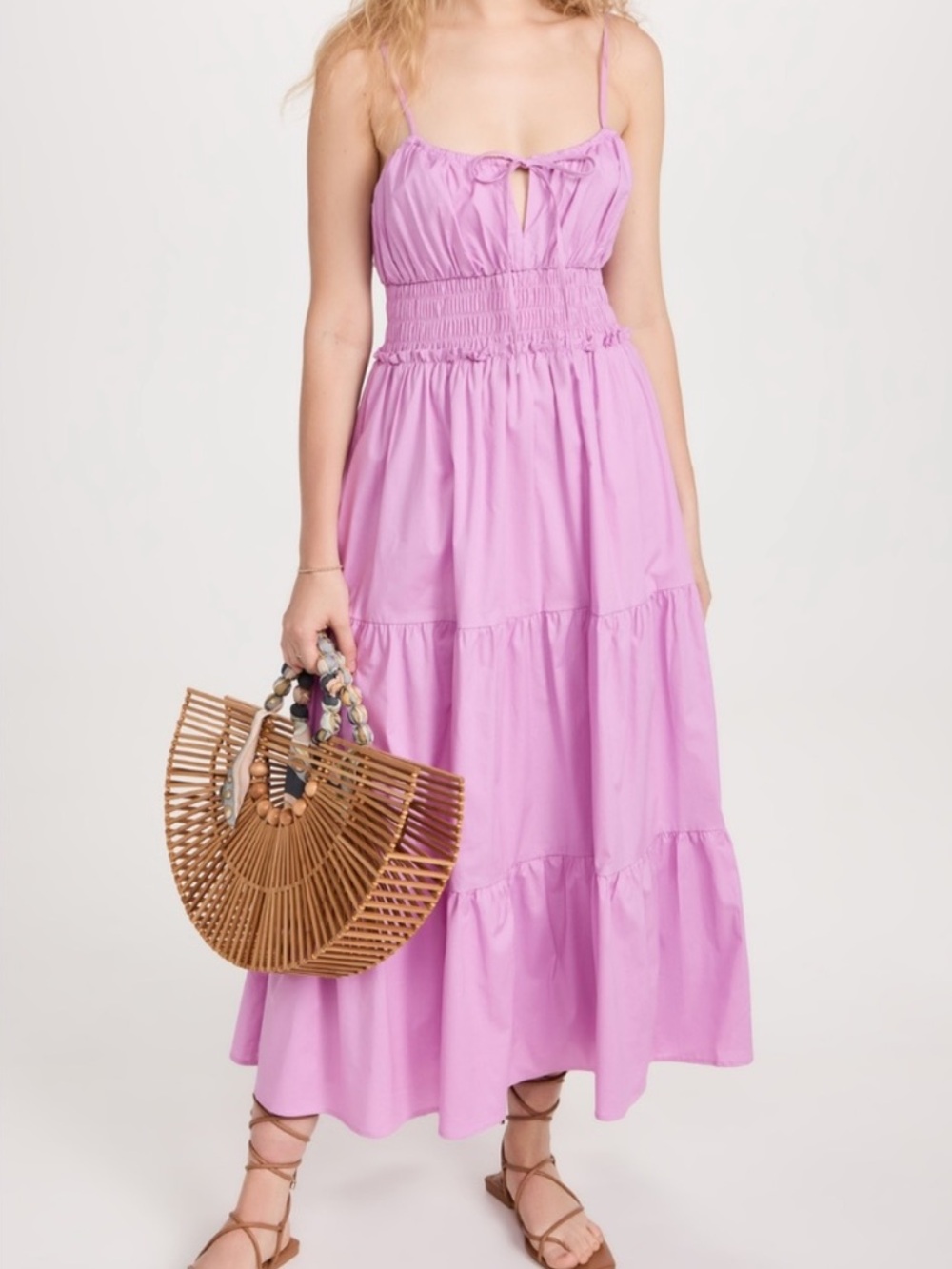 WAYF wisteria poplin tiered midi dress in ORCHID PURPLE/PINK